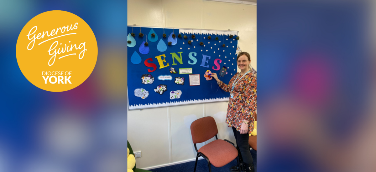 the generous giving team logo in the top left. a photo of a woman standing in front of a display board which reads 'senses'.
