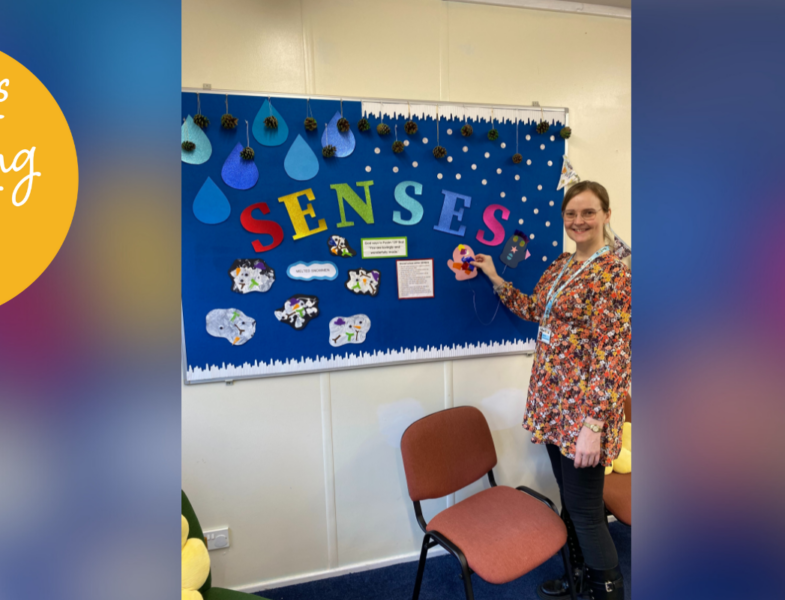 the generous giving team logo in the top left. a photo of a woman standing in front of a display board which reads 'senses'.