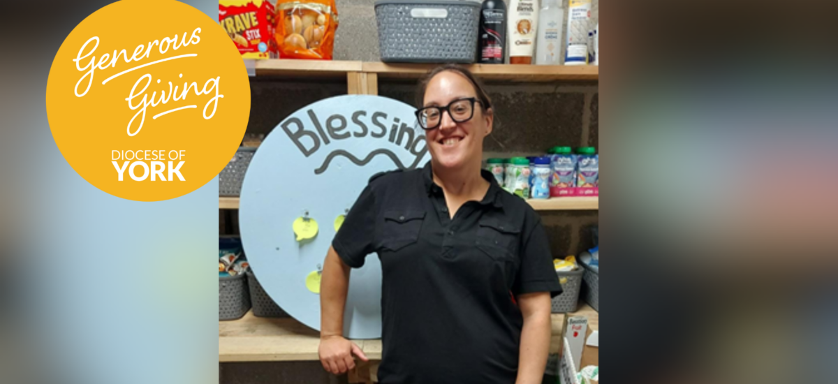 photo of woman smiling in community store, with the generous giving team logo in the top left.