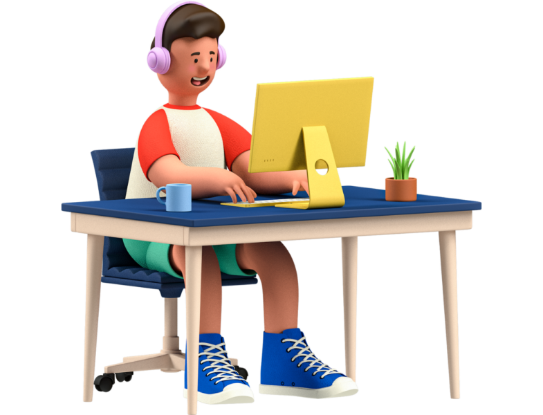 cartoon of person at desk in front of computer
