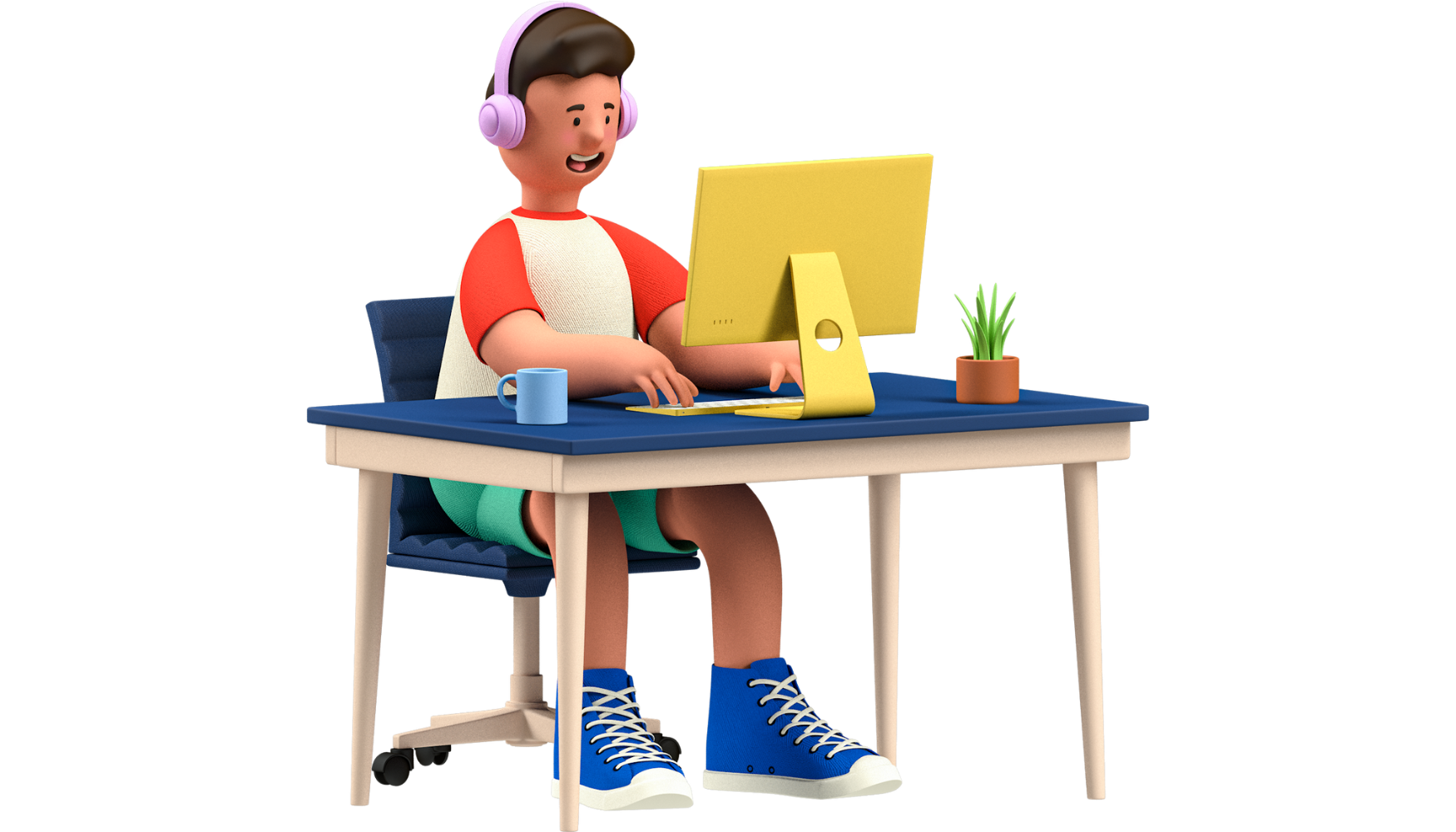 cartoon of person at desk in front of computer