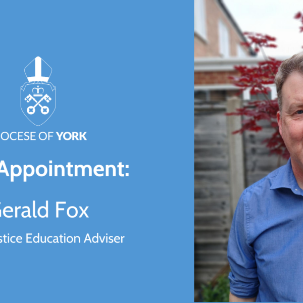 blue background, white text. diocese of york logo. text reads 'new appointment: gerald fox, racial justice education enabler'. there is a photo of him to the right.