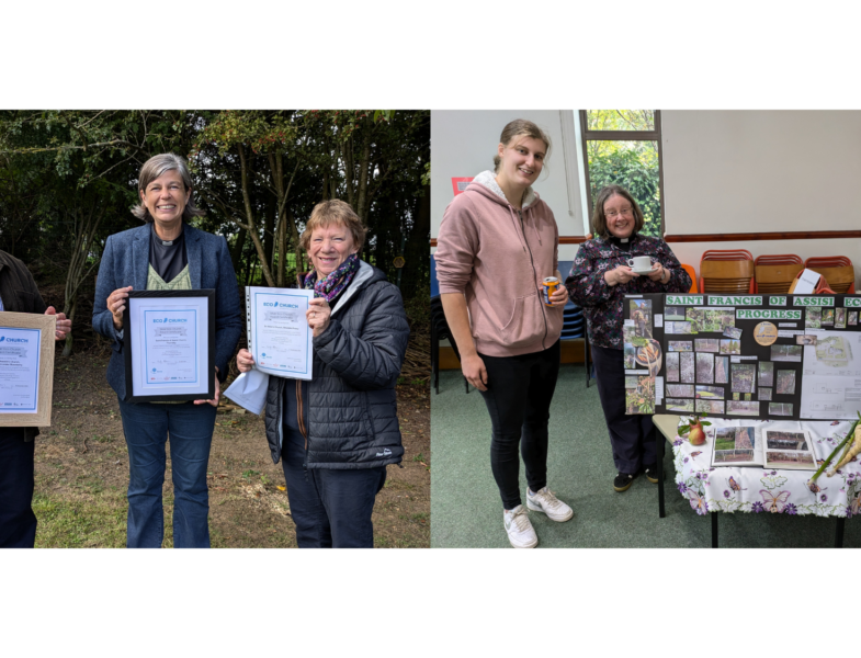 two photos of people holding eco awards