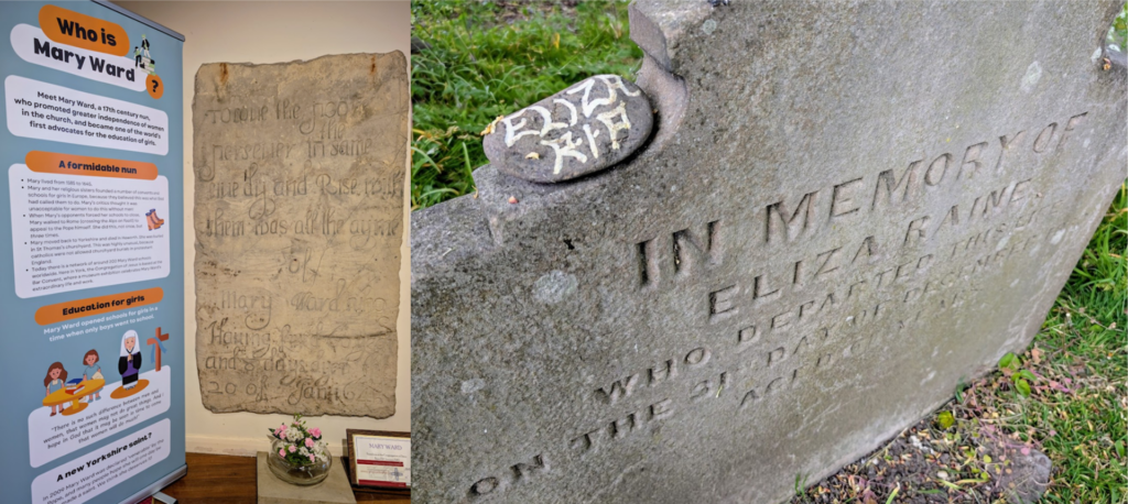 left, tomb stone with info banner. right, grave stone