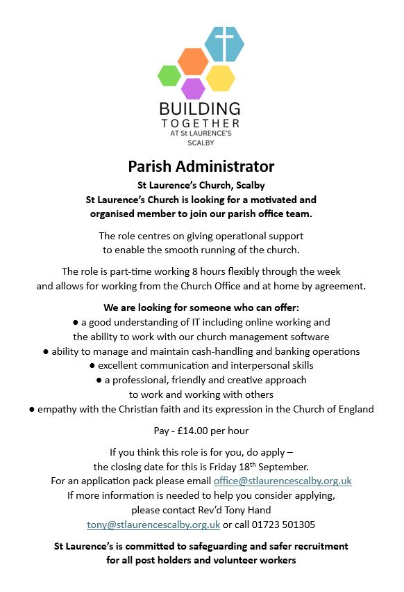 Job Advert Parish Administrator for St Laurences Church